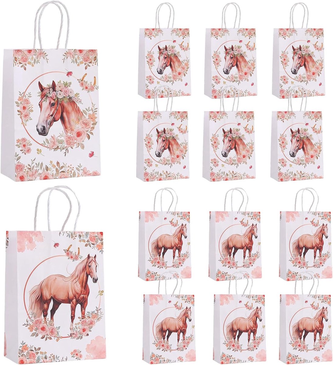 SnelShoppen - 12 Paarden Verjaardagscadeauzakjes - Papieren Gastgeschenkzakjes voor Feest, Verjaardag, Bruiloft - 21x15x8 cm - Robuust Kraftpapier - P