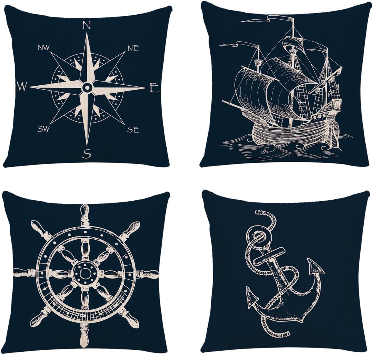 SnelShoppen - 4 Stuks Kussenhoezen voor Bank, Nautische Themapillowcases, Decoratieve Kussenhoezen met Maritieme Motief voor Bed, Sofa, Tuin, Auto - Z
