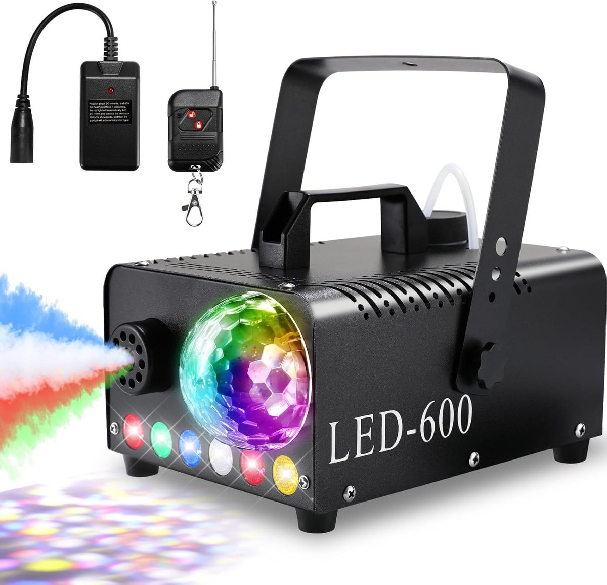 SnelShoppen - Rookmachine met Disco Bal, 600W 5000 CFM Rook, Mini Fog Machine met 6 RGB LED Lichten, Automatische Spray Functie voor Halloween, Kerst,