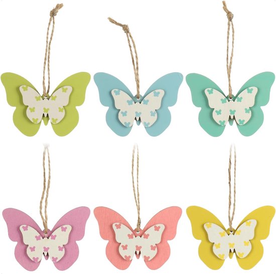 SnelShoppen - 6 x Decoratieve Houten Hangdecoraties - Kleurrijke Vlinders voor Pasen - Houten Pendanten voor Paastak - Decoratie voor Raam, Deur en Fe