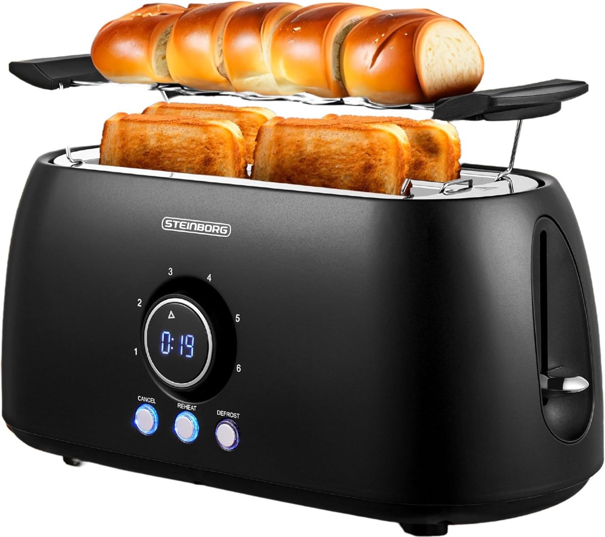 SnelShoppen - XXL 4-slice Toaster Zwart met Digitale Display en Cool-Touch Behuizing, Perfect voor Grootbrood en Ontbijt