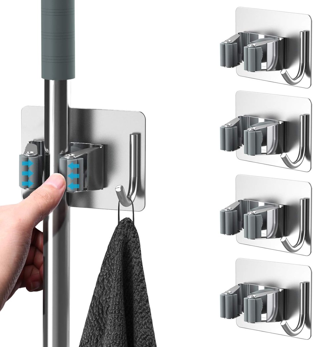 SnelShoppen - Broom Holder 4 Stuks - Zelfklevende RVS Vegenhouder Zonder Boren - Moppenhouder met Haken voor Keuken, Badkamer, Tuin en Balkon - Zilver