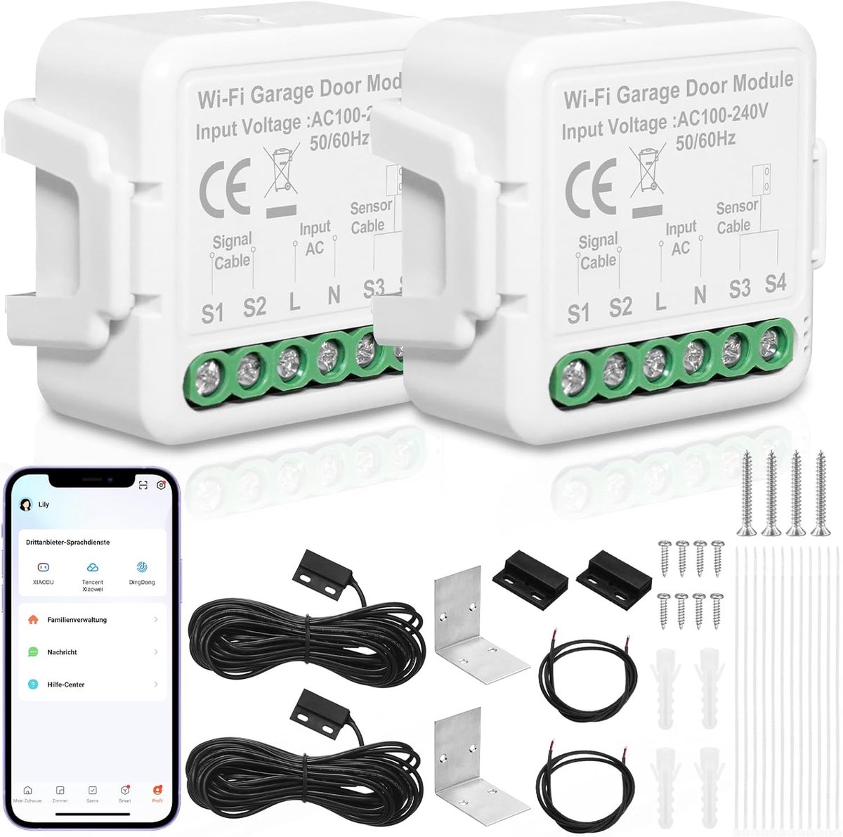 SnelShoppen - WiFi Garage Deuropener, Slimme Deuropener voor Garage, Geschikt voor Alexa & Google Assistant, Tuya App Controle, 2.4GHz, Wit, 2 Stuks