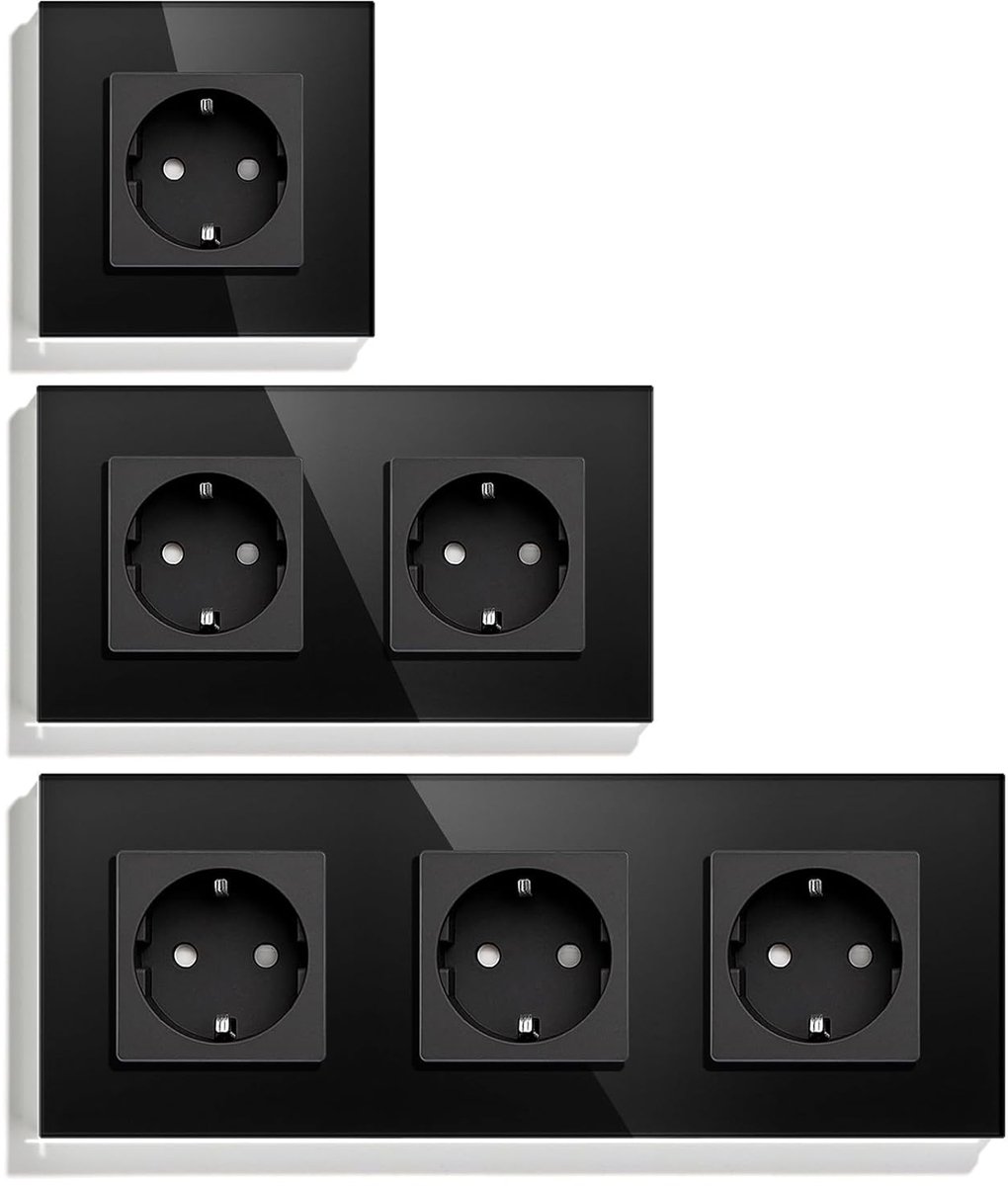 SnelShoppen - Schuko Wandcontactdoos 1 Compartment + 2 Compartment + 3-Weg Inbouwcontactdoos met Kristalglasplaat, 16 Ampere, Zwart, Perfect voor Huis