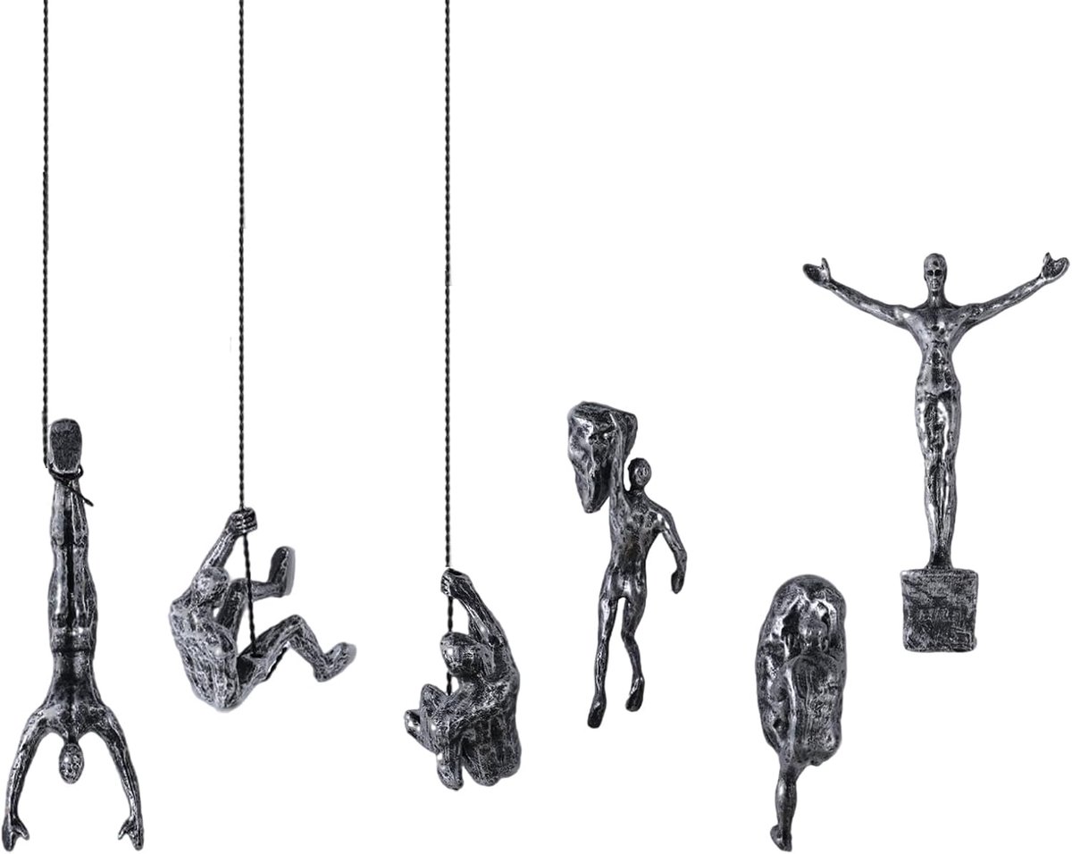 SnelShoppen - Set van 6 Klimmen Mannen Wanddecoratie Sculptuur, Moderne Nordic Kunst, Unieke Rustkleurige Wanddecoratie voor Thuis en Kantoor, Creatie