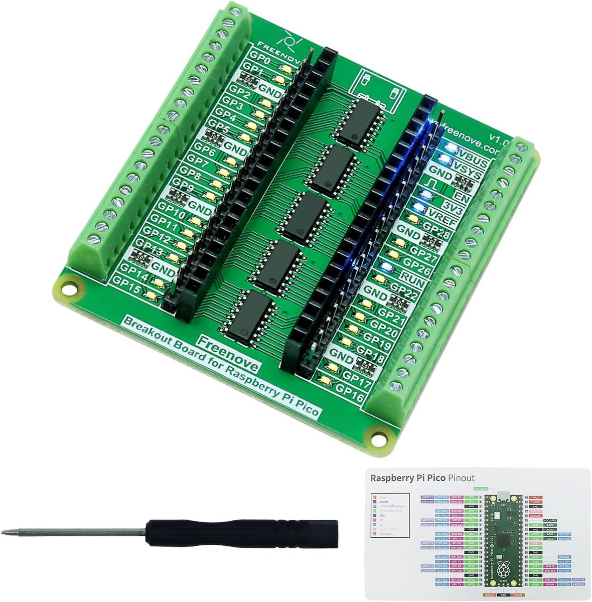 SnelShoppen - Freenove Breakout Board voor Raspberry Pi Pico 1 2W H WH, Terminal Block Shield HAT met Pin Header, GPIO Status LED, Raspberry Pi Access