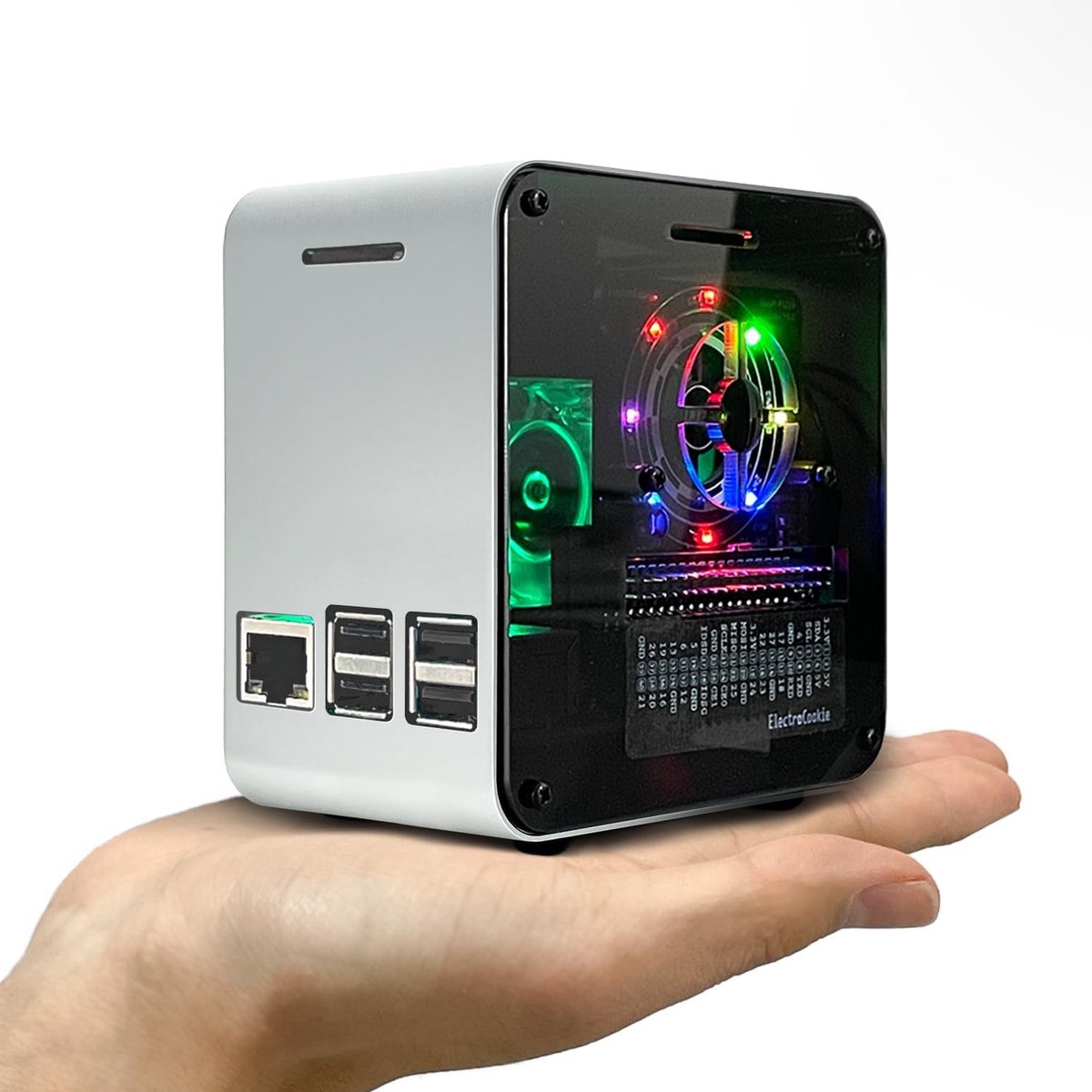 SnelShoppen - Aluminium Mini Tower Case voor Raspberry Pi 3B met Koelventilator en Kleurrijke Ambient Verlichting - Zilver en Donkergrijs
