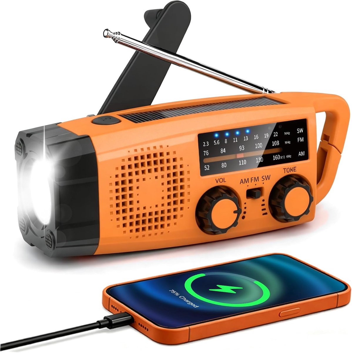 SnelShoppen - Draagbare AM/FM/SW Radio met Crank en Zonne-energie, 2000mAh Powerbank, SOS Alarm, Zaklamp, Ideaal voor Camping, Noodgevallen, Survival