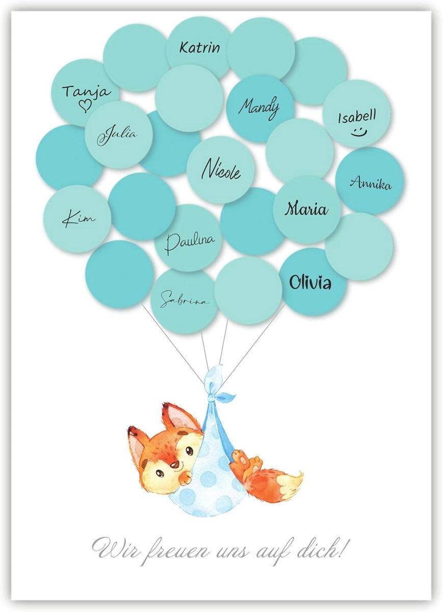 SnelShoppen - Pandawal Baby Shower Decoratie Jongens Vos Gastenboek Alternatief (Blauw) Baby Shower Set Kraamfeest Aandenken / Keepsake Schrijfbaar /