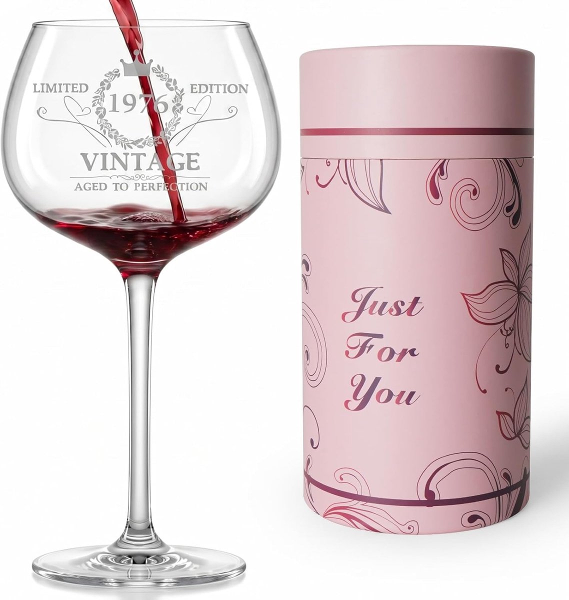SnelShoppen - Gepersonaliseerd Wijnglas 50ste Verjaardag Vrouw, Vintage 1976, Cadeau voor Moeder, Oma, Echtgenote, Inclusief Luxe Doos en Wenskaart, D