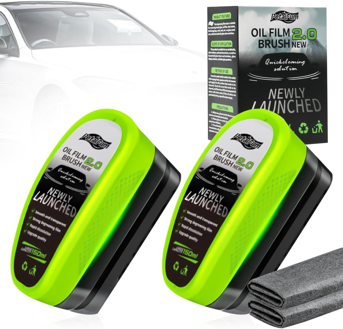 SnelShoppen - Pack van 2 x 150 ml Ruitensproei Cleaner met 2 Doekjes, Auto Vet Film Verwijderaar, Reinigingsborstel, Voor Ruiten, Auto Ramen, Spiegels