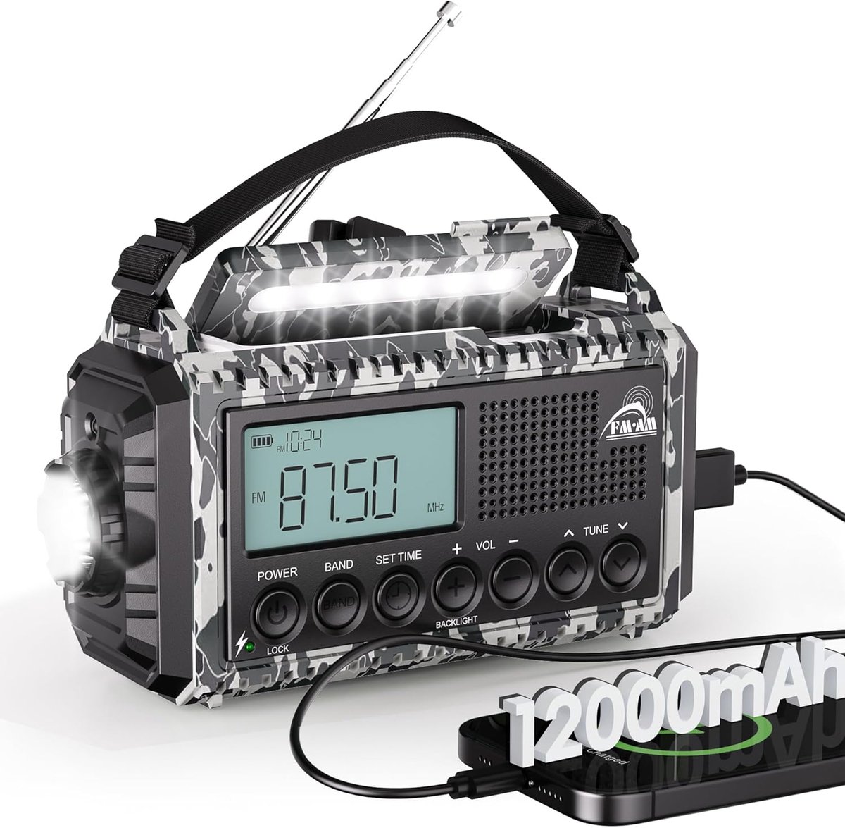 SnelShoppen - 12000 mAh Draagbare Camping Radio met Zaklamp en Leeslamp, Noodradio AM/FM/SW met Type C Aansluiting, SOS Alarm Dynamo Radio voor Wandel
