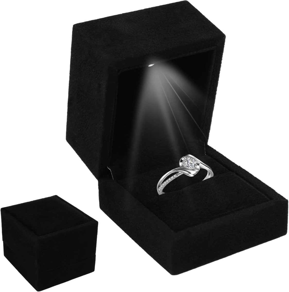 SnelShoppen - Elegante Led-ringdoosje Zwart - Fluwelen Sieradenkistje met Binnenverlichting 6,5 x 6 x 5,5 cm - Perfect voor Ringen en Oorbellen, Verlo