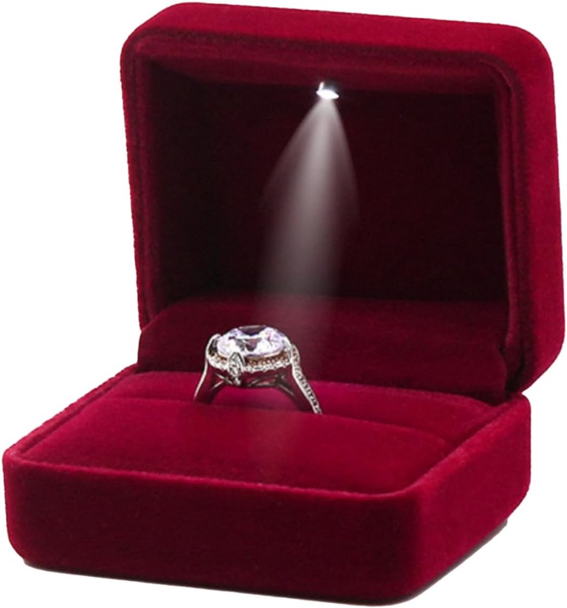 SnelShoppen - Ringdoos met LED Verlichting - Luxe Ring Box van Fluweel - Perfect voor Verlovingen, Huwelijken, Voorstellen - Bordeaux Rood
