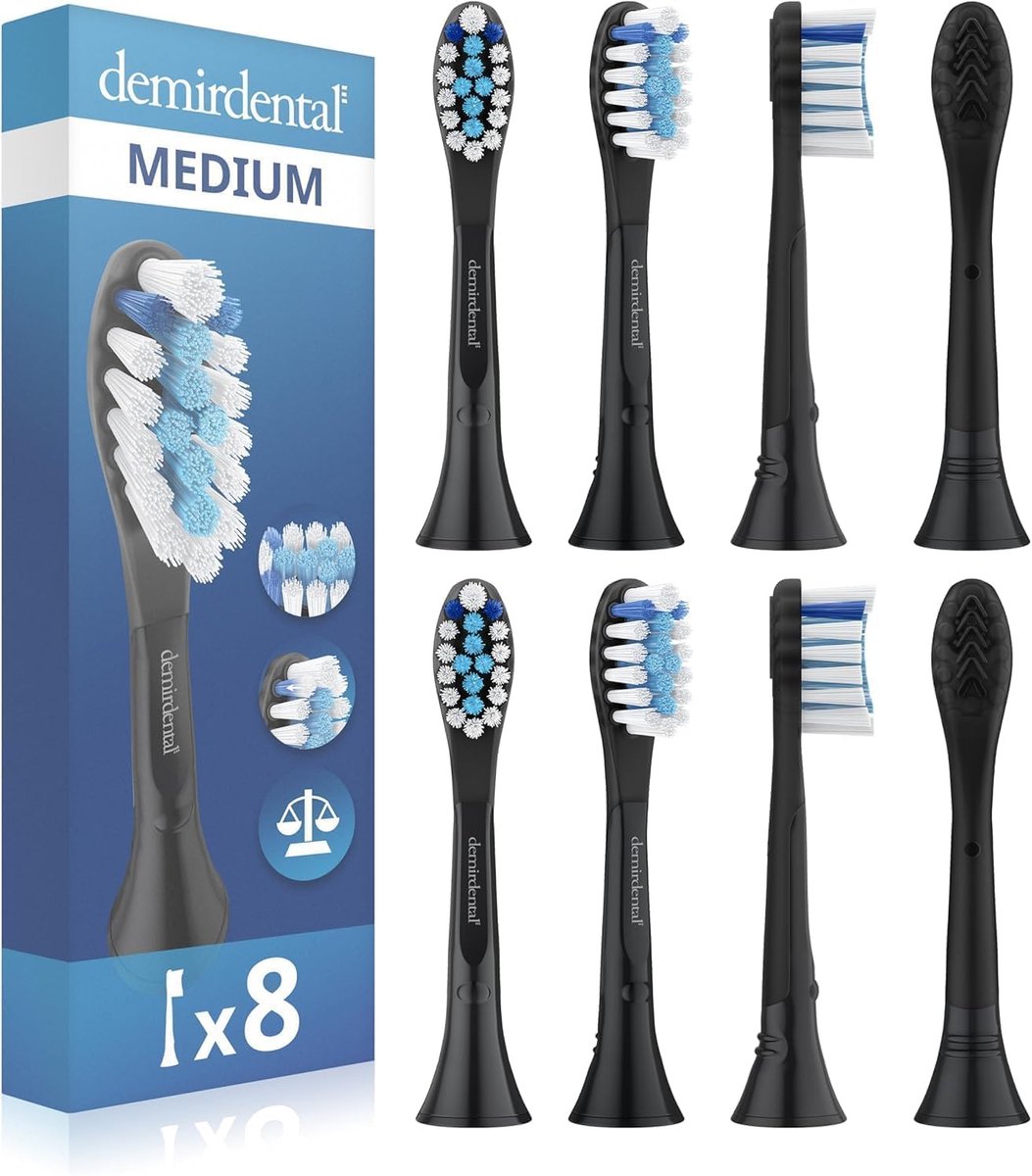 SnelShoppen - 8 Premium Demirdental Tandenborstelkoppen Compatibel met Sonicare C3, Gummy Bescherming, Uitgebreide Reiniging, Zwart, Vervangende Borst