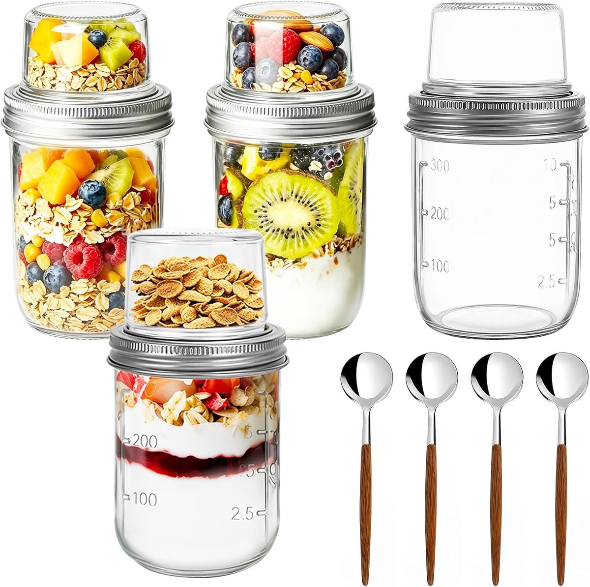 SnelShoppen - Overnight Oats Glazen 400 ml + 100 ml, Mueslibeker To Go met Deksel en Lepel, Dubbele Kamer, Yoghurtbeker, Meal Prep Glazen voor Muesli,