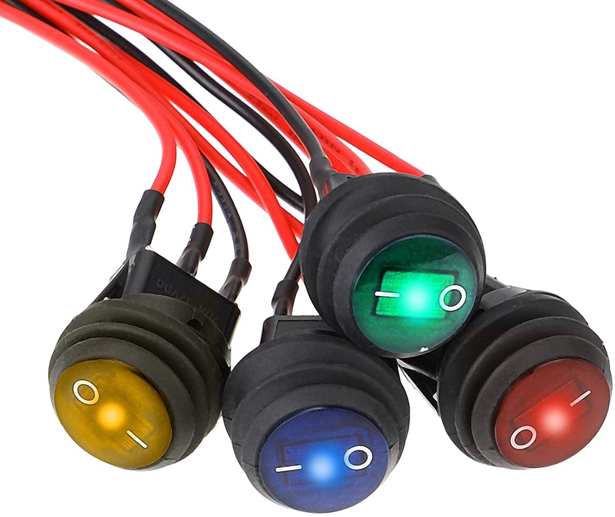 SnelShoppen - 4 Stuks Waterdichte Ronde Rocker Schakelaar 12V 20A SPST 3 Pin LED On/Off Schakelaar met 20cm Voorbedrade Draad voor Auto, Boot, Truck,