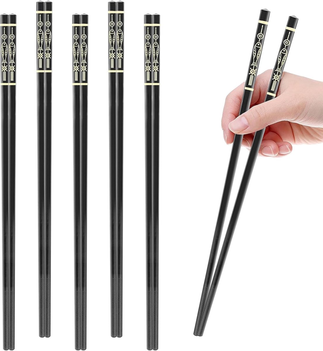 SnelShoppen - 5 Paar Herbruikbare Fiberglass Chopsticks - Japans Design - 24 cm - Zwarte Carp Motief - Vaatwasmachinebestendig - Antislip - Gezond en
