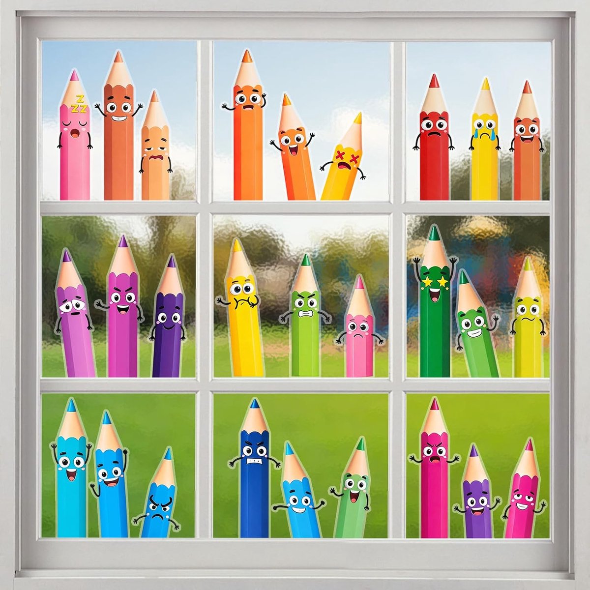 SnelShoppen - 9 Vellen Zelfklevende Raamstickers Eerste Schooldag | Leuke Decoratie voor Klaslokalen, Terug naar School Thema, Kleurige Cartoon Kleurp