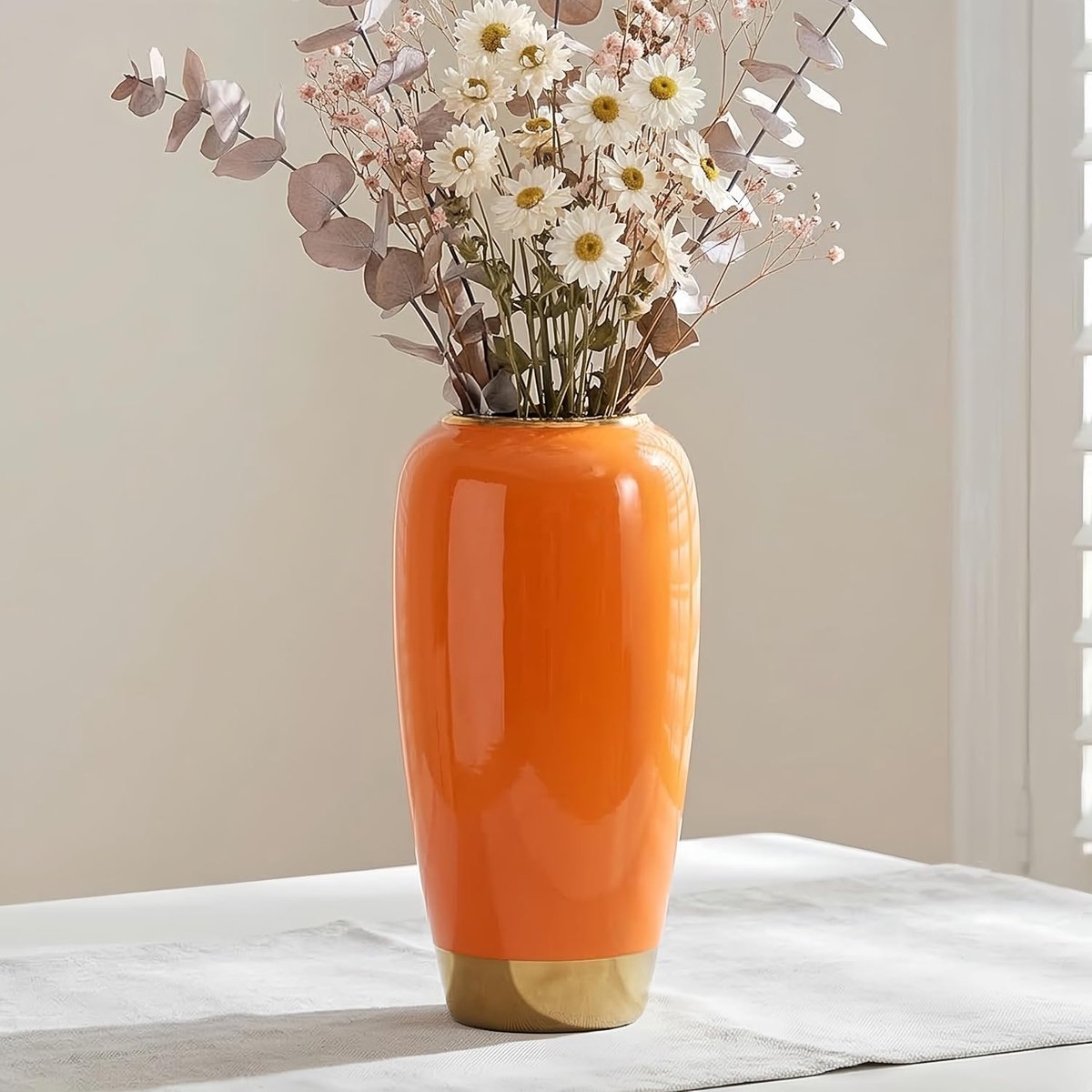 SnelShoppen - Elegante oranje keramische vaas 30 cm - Perfect voor bloemen, moderne decoratie voor salon, bureau, bruiloft, rustieke accessoires voor