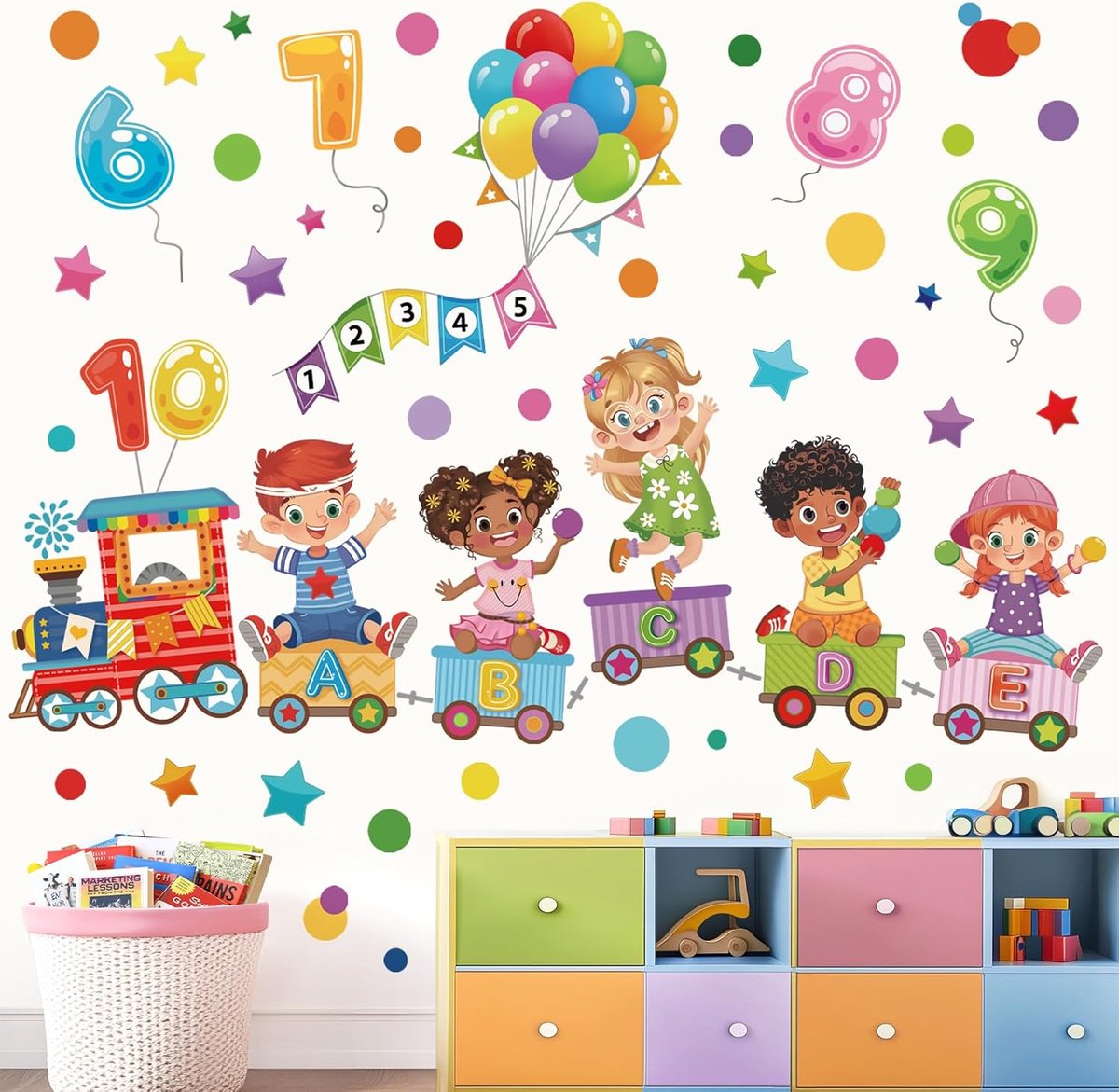 SnelShoppen - Wandstickers Kinderen Trein Ballon Nummeren Alfabet Peelen en Plakken Muurdecoratie Voor Peuters Kinderkamer Klaslokaal Speelkamer