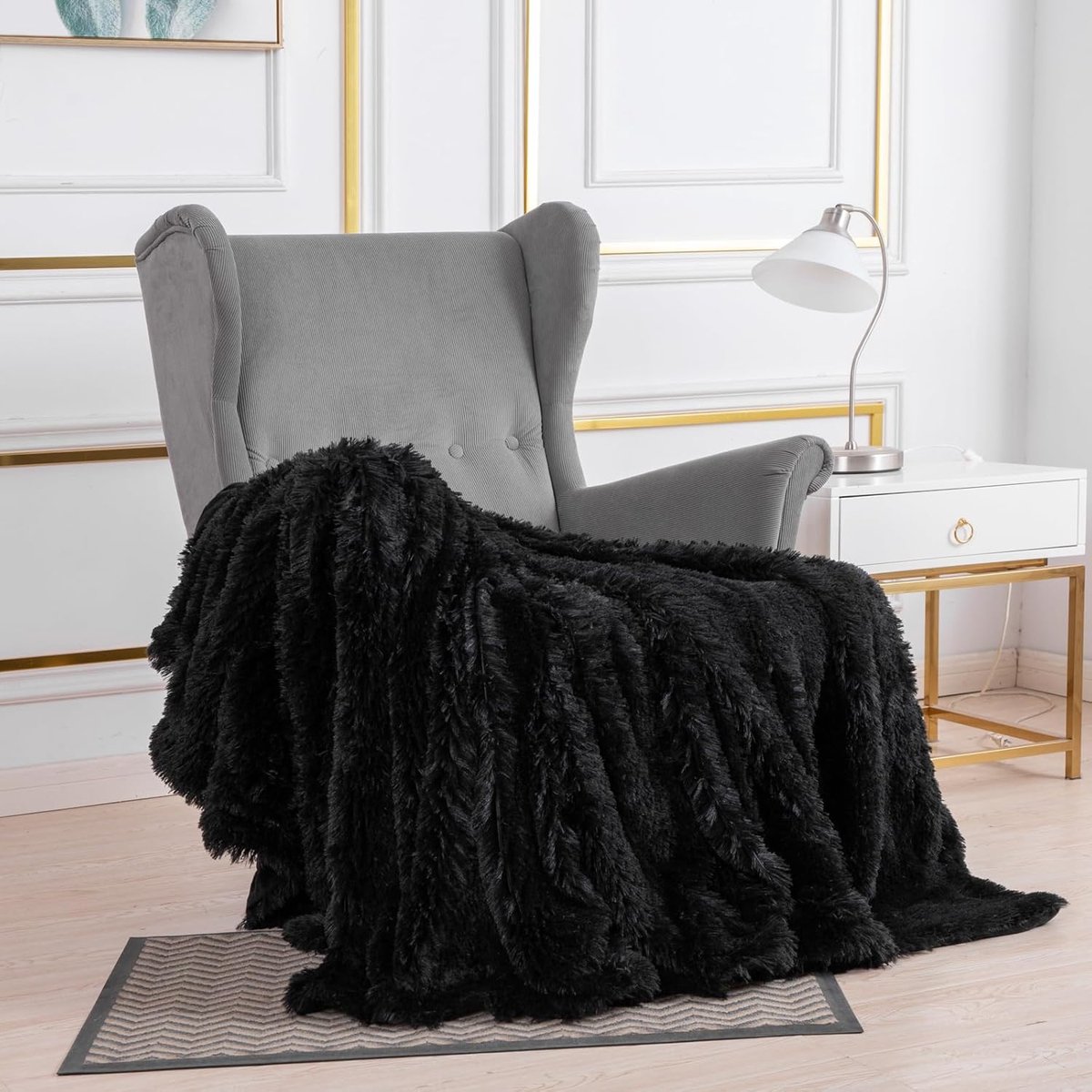 SnelShoppen - Zachte Faux Fur Dekens 50 x 60 Inch Wasbaar Warm Fuzzy Throw Dekentje voor Bed, Stoel, Bank, Auto (Zwart, 50 x 152 cm)