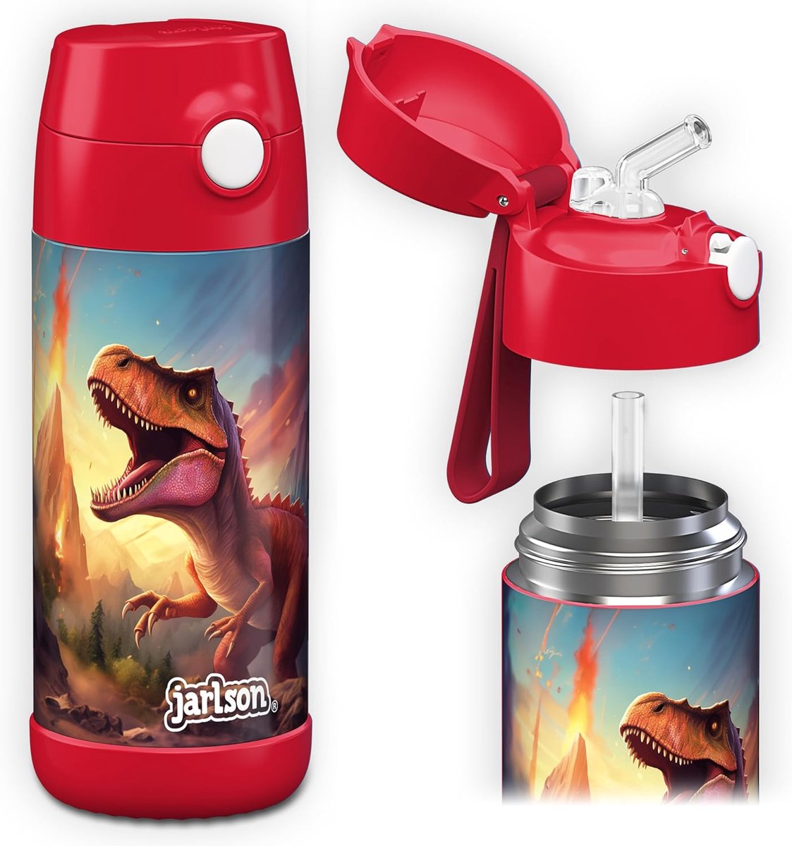SnelShoppen - RVS Drinkfles Kinderen met Rietje 350 ml - Thermosfles, Lekvrij, BPA-vrij, Geschikt voor School en Kinderdagverblijf - Dinosaur Thema