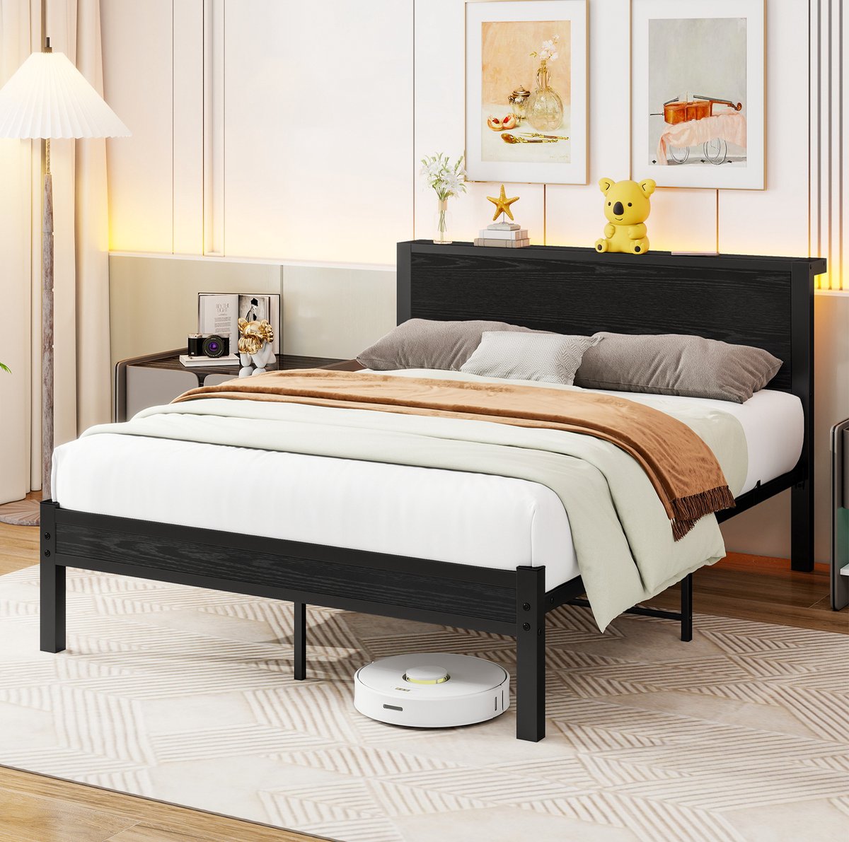 COVREO Bed 120x200 cm – zwart, MDF en metaal, met opbergruimte en lattenbodem