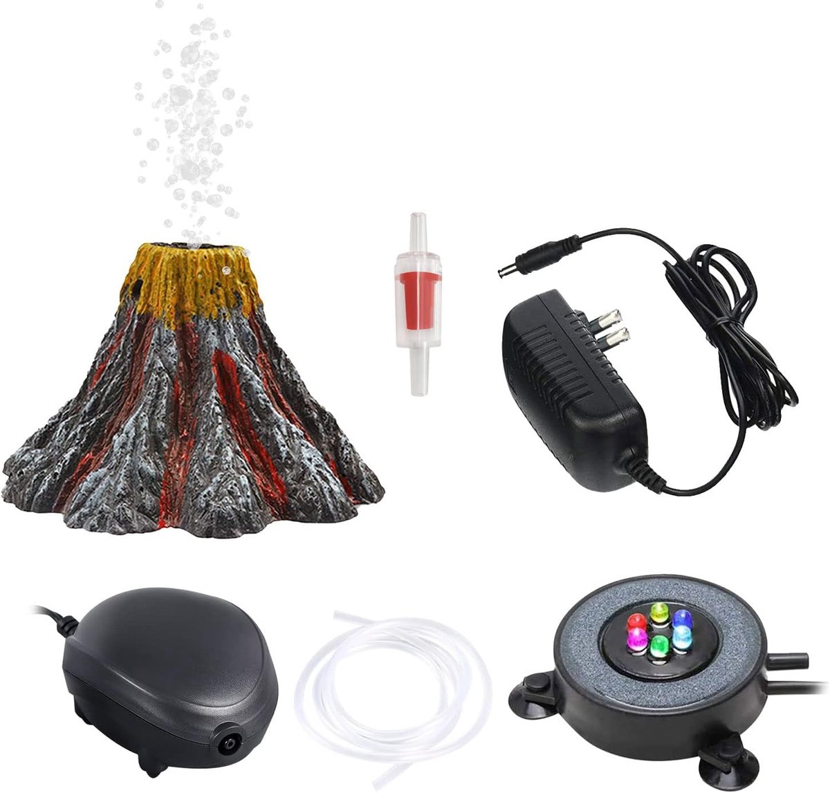 SnelShoppen - Aquarium Vulkanen Ornament Kit met Luchtpomp, Kleurrijke LED Verlichting, Luchtsteen en Bubbels Decoratie voor Vis Tank