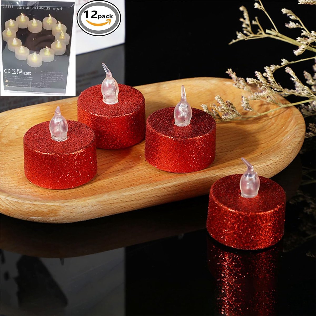 SnelShoppen - 12 Stuks Rode Glitter LED Theelichtjes - Warm Gele Vlam - Batterij Aangedreven Vlamloze Kaarsen voor Feest, Kerst, Bruiloft, Halloween,