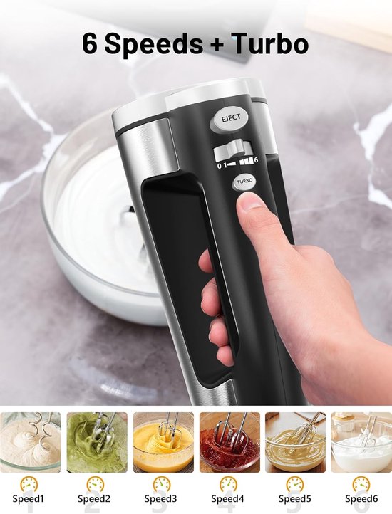 Elektrische handmixer 300 watt met 5 snelheden en roestvrijstalen gardes en kneedhaken voor eieren, deeg en cake van Merkloos — afbeelding 5