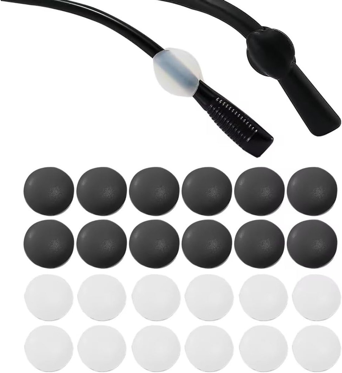 SnelShoppen - 24 Stuks Antisliphulzen voor Brillen M-Bean-vorm - 12 Paar (6 Zwart + 6 Wit) - Ultrazachte Siliconen Brilbeugelhoes - Anti-slip Accessoi