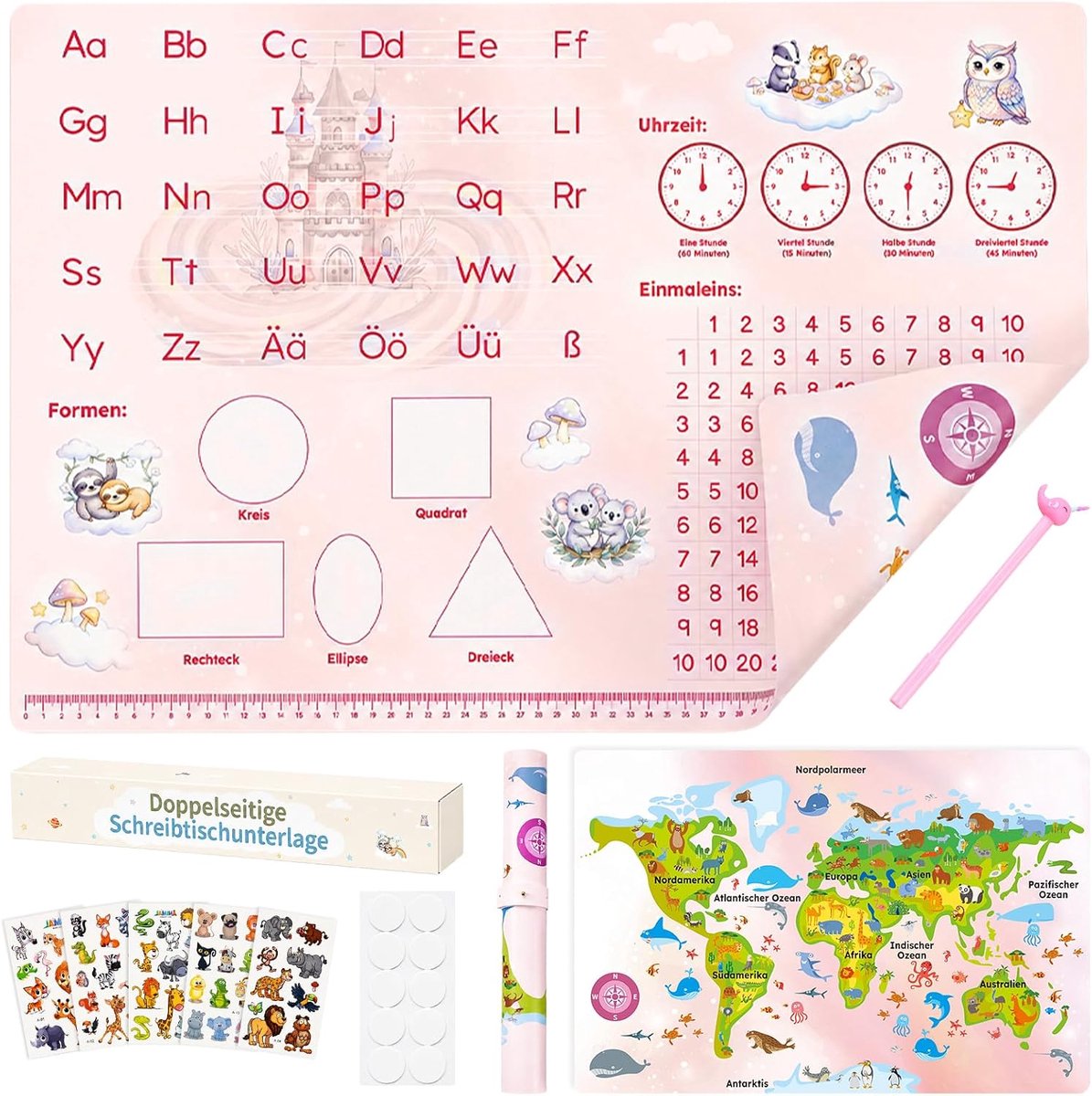 SnelShoppen - Dubbelzijdige Leeronderlegger voor Kinderen met Wereldkaart en Letters - Waterdichte Bureauonderlegger (60 x 40 cm) - Creatief Cadeaupak
