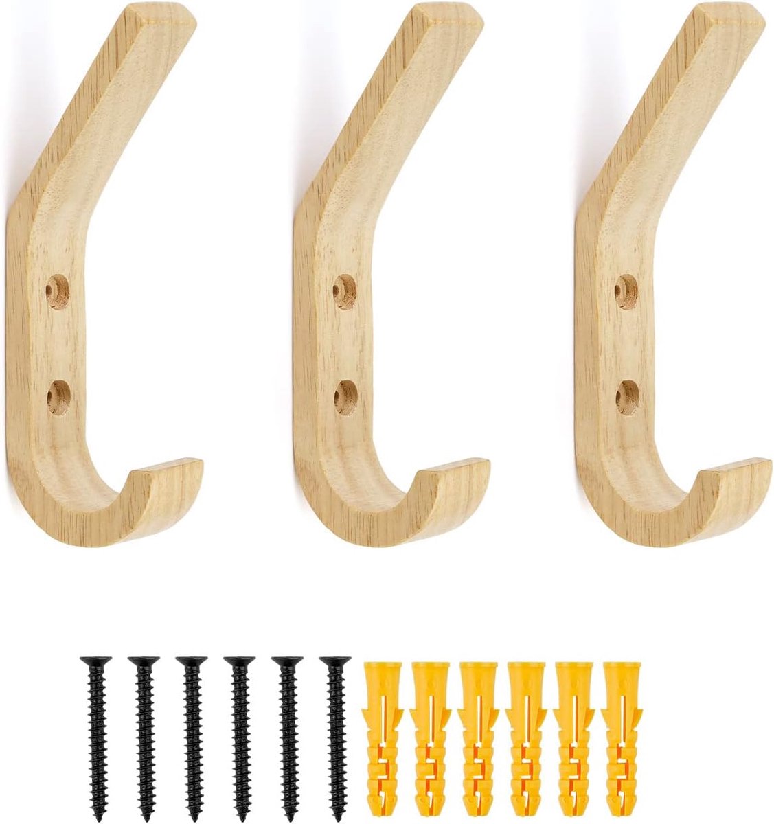 SnelShoppen - 3 Stuks Houten Wandhaken Vintage Stijl - Houten Kledinghaken voor Slaapkamer, Keuken en Wasruimte - Handgemaakte Retro Haken van Massief