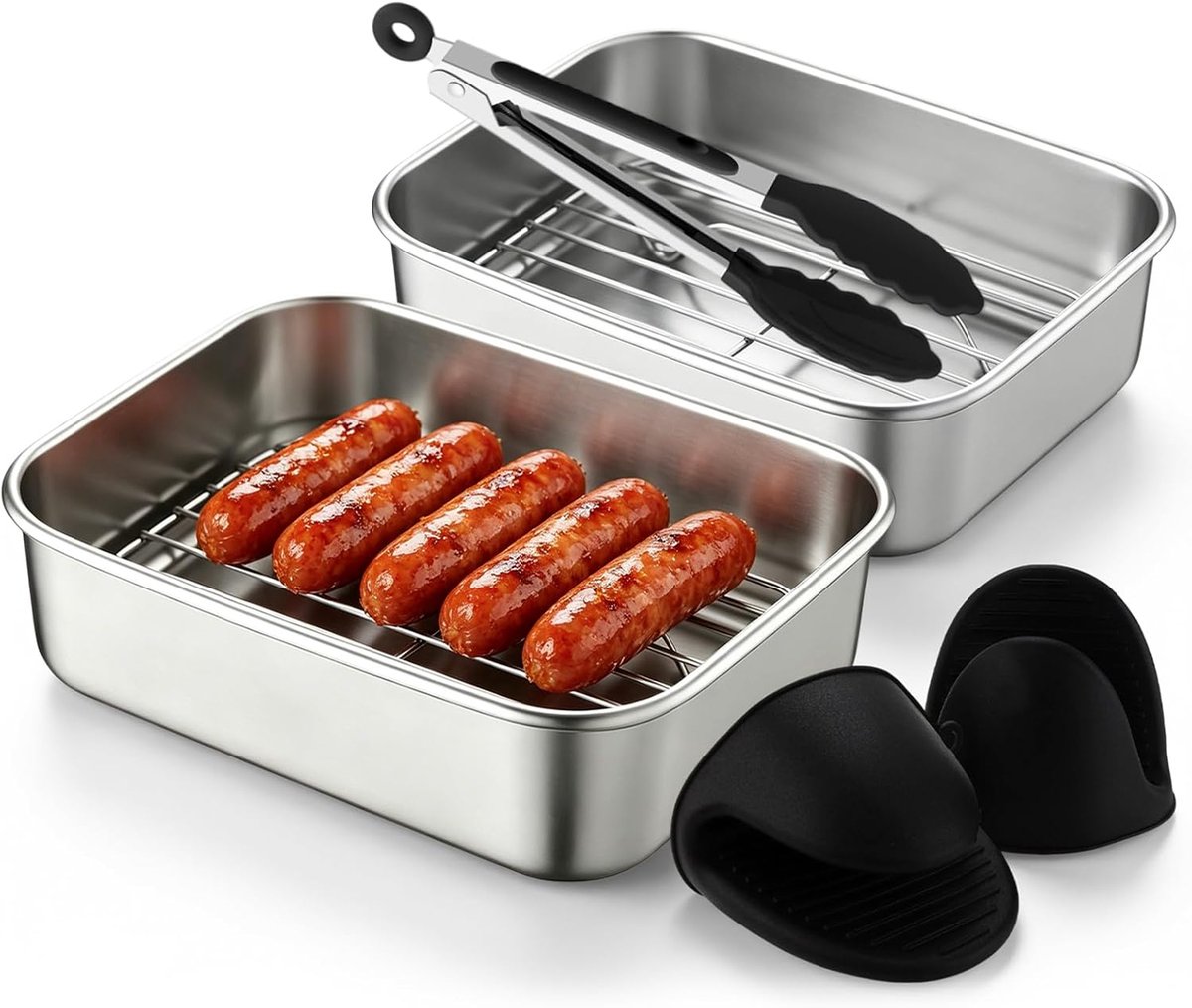 SnelShoppen 304 Roestvrij Stalen Airfryer Accessoires Set 2 Schalen 2 Grillroosters TPE Tang & Handschoenen Vaatwasserbestendige Accessoires v