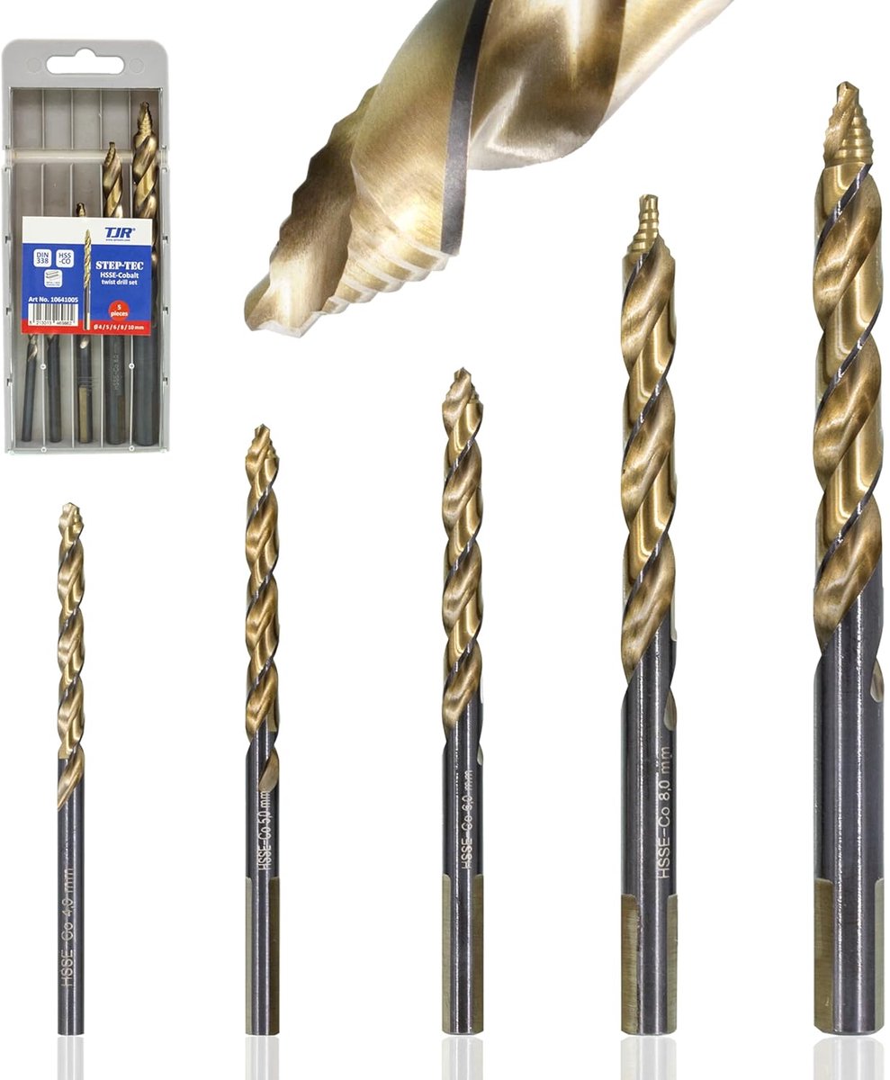 SnelShoppen - Spiral Boor Set 5 Stuks HSS Co 4-10 mm met Stap Punt, Duurzaam en Warmtebestendig, Ideaal voor Metaal, Hout en Plastic
