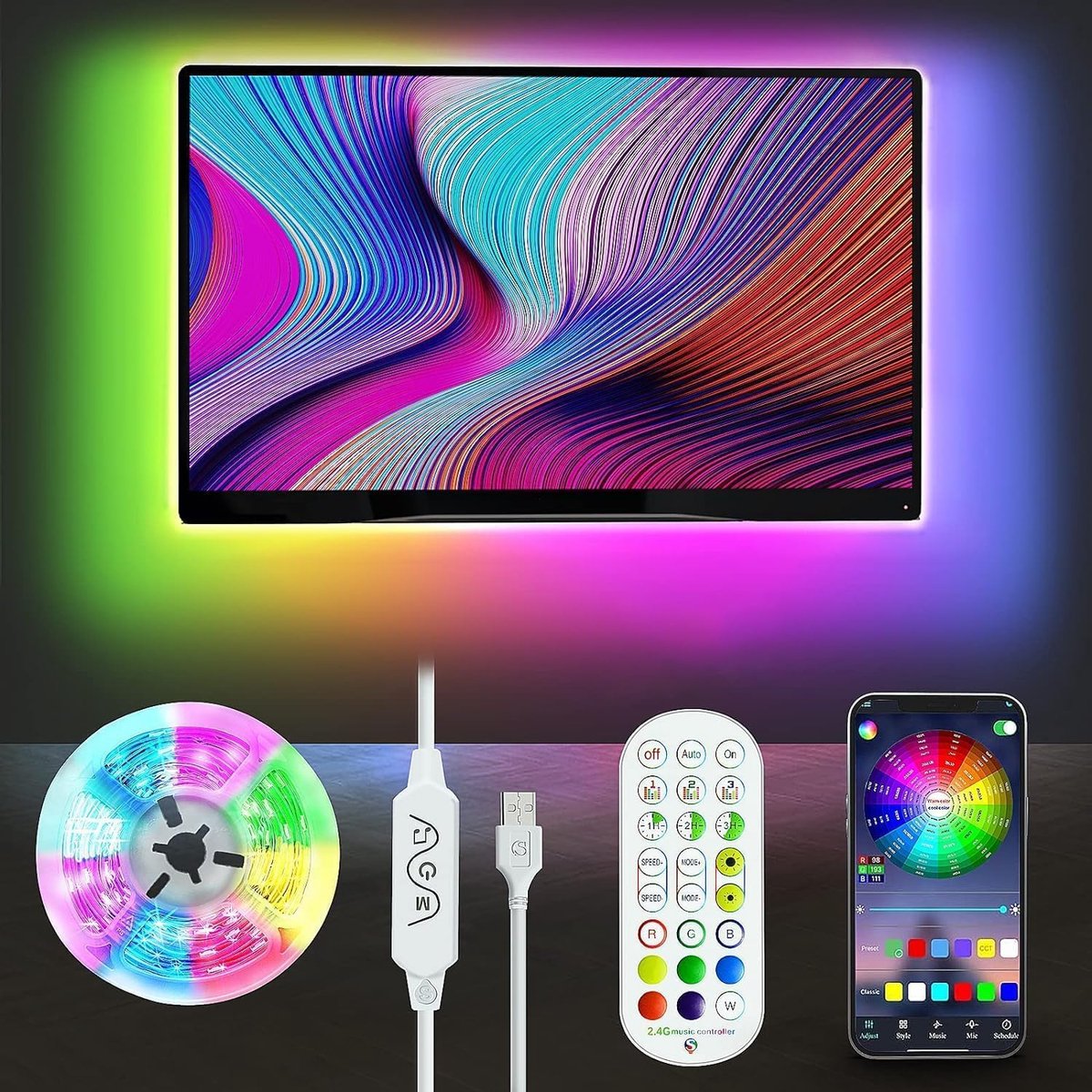 SnelShoppen - LED TV Backlight 4M RGBIC Strip met App Besturing en 2.4G RF Afstandsbediening voor 40-75 inch TV & PC, Muziek Sync LED Verlichting