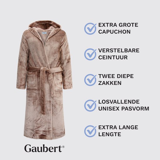 Peignoir marron avec capuche extra large, ceinture réglable, deux poches, coupe ample, longueur extra longue.