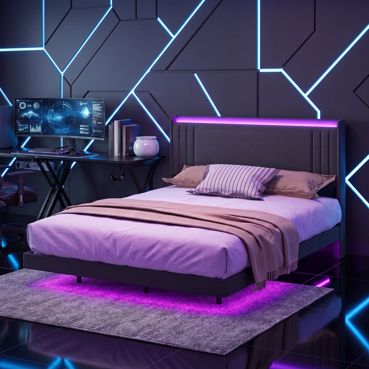 Bealife BF29 Tweepersoonsbed - 160 x 200 cm - Gestoffeerd bed - Zwevend Design - met LED-verlichting - USB & Type-C - Donkergrijs