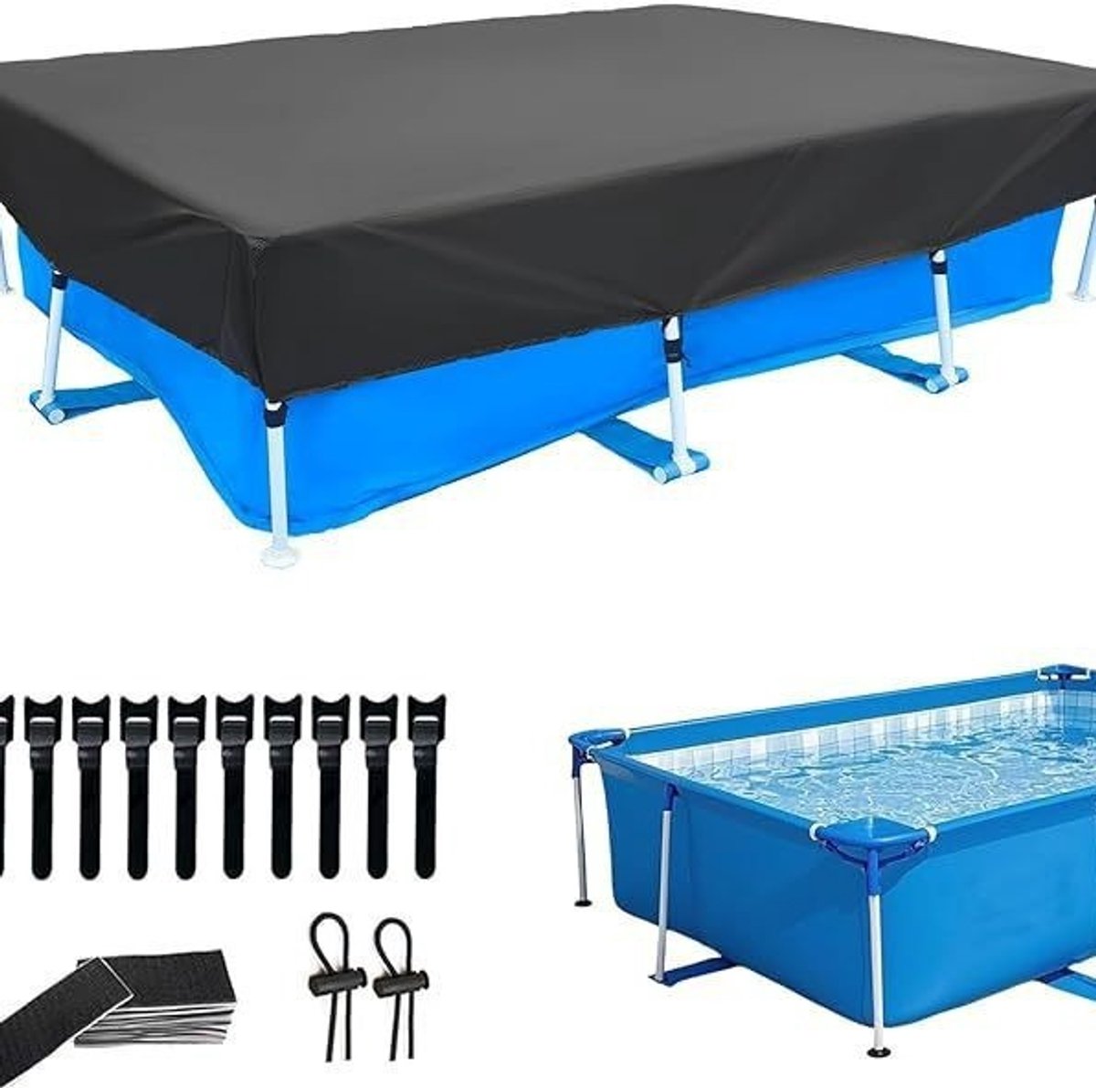 Rechthoekig zwembaddekzeil van 300 x 200 cm - Geschikt voor zwembaddekzeilen met trekkoord voor buiten - Ideaal voor zwembaden in de tuin - Waterdicht/stofdicht/UV-bestendig.