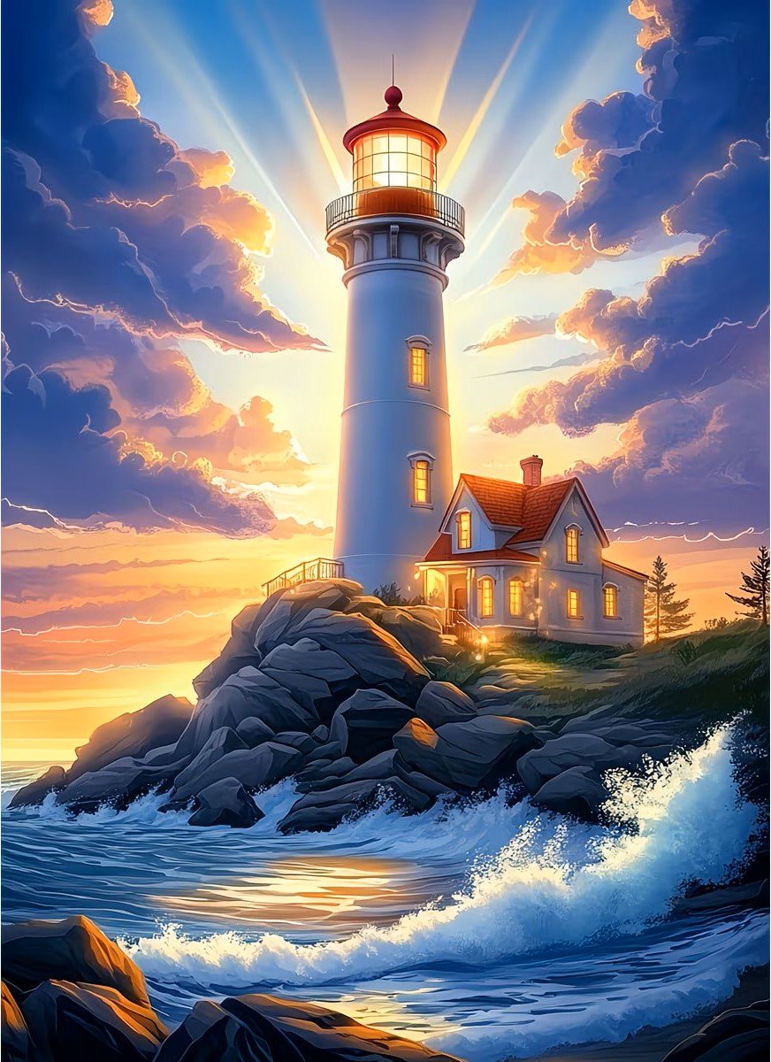50x40cm Diamond Painting vuurtoren zonlicht (vierkant) nr 21