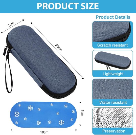 Insuline Koeltasje - 20 x 7 x 5 cm - Diabetes Reisetui met 2 Koelelementen - Schokbestendige Medicijnen Koeltas voor 2 Insulinepennen - Insuline Etui - Draagbare - Blauwgrijs — afbeelding 2