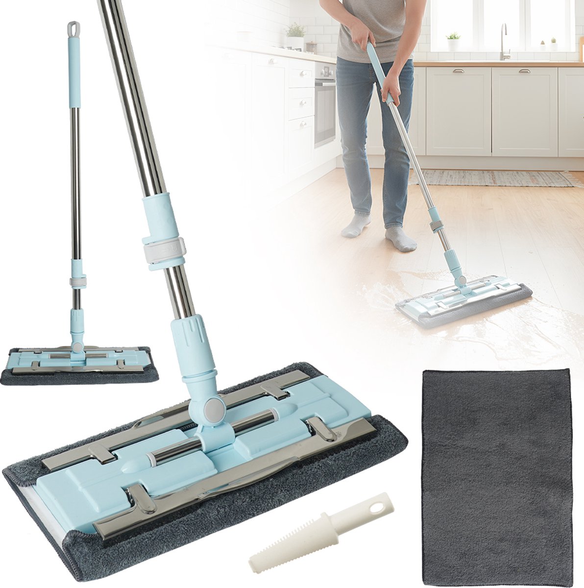 Schoonmaakmop Met Telescopische Steel Slanke Behuizing Groot Schoonmaakoppervlak Wasbaar En Herbruikbaar - 38 cm Brede Kop Verstelbaar Van 95-135 cm Roestvrij Staal Duurzaam - Voor Hardhout Tegels En Laminaat - Blauw