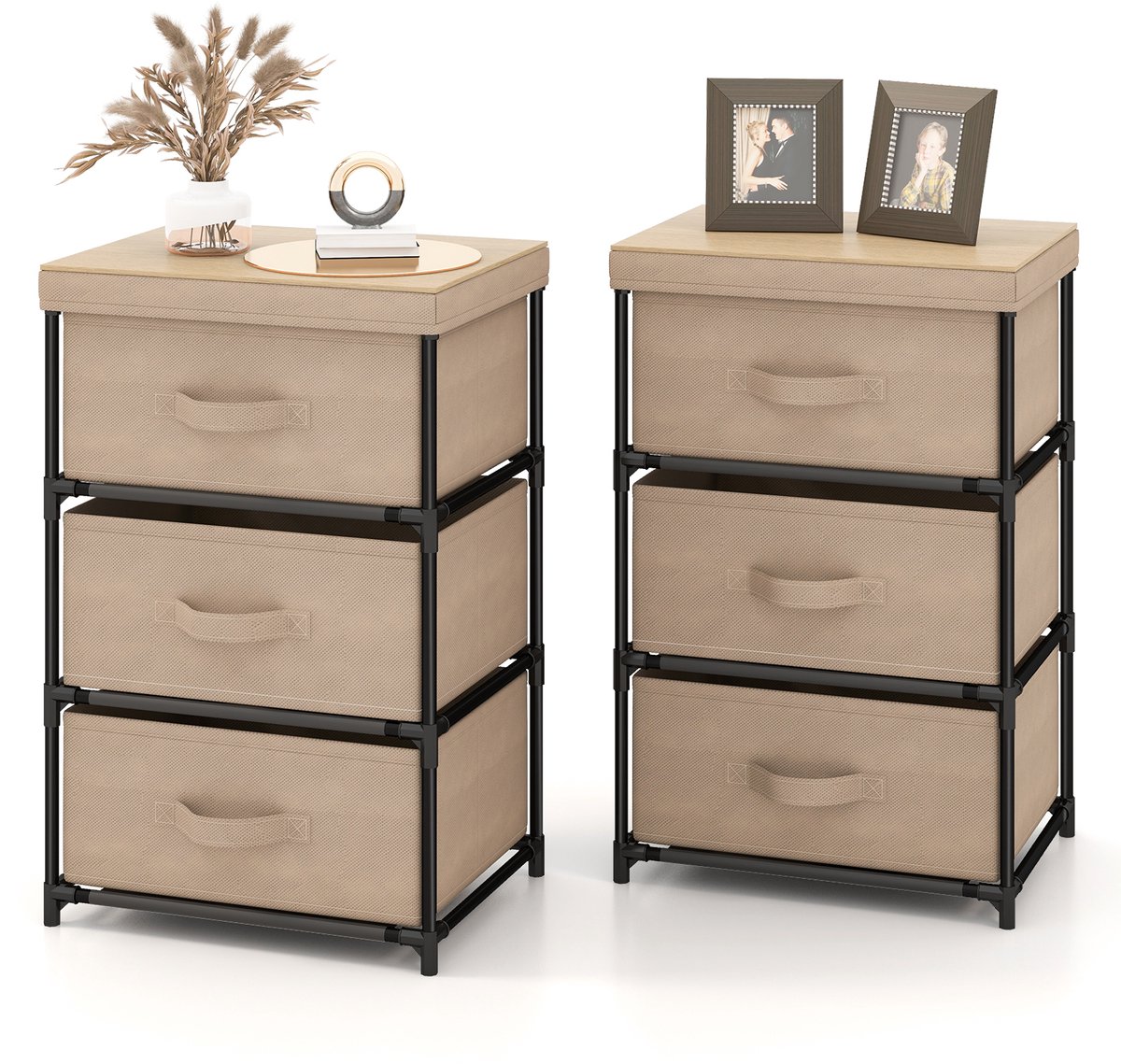 COSTWAY Nachtkastje met 3 Laden, 2 Stuks, Bijzettafel met Metalen Frame, Ladekast, Opbergkast, Stoffen Ladekast voor Slaapkamer, Woonkamer, Gang, 40 x 30 x 62 cm (Bruin)