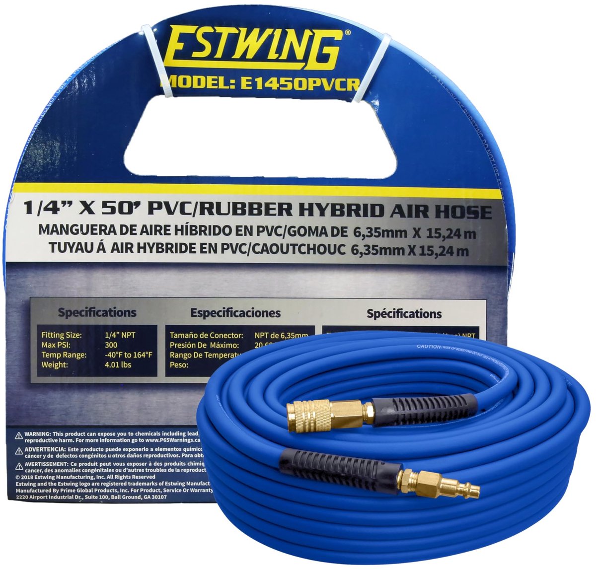 SnelShoppen - 50' PVC/Rubber Hybride Luchtslang 1/4" met Messing NPT Koppeling, Universele Quick Connect, Blauw en Geel, Ideaal voor Pneumatisch Geree