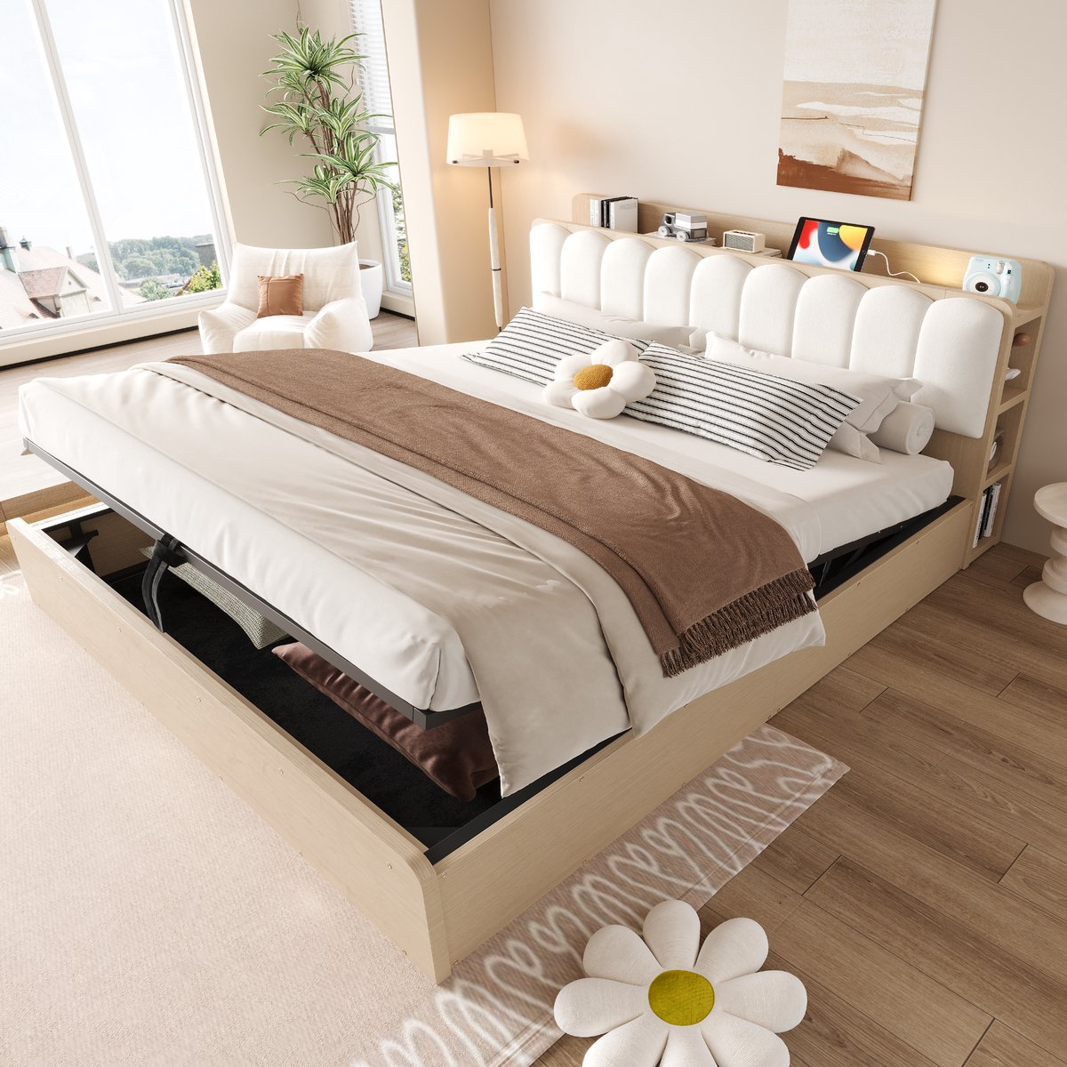 REDOM - Bedframe met opbergruimte - Hydraulisch hefsysteem - Hoofdbord met opbergvakken en USB-aansluiting - Modern - Slaapkamer - Hout, MDF, Stof - Natuurlijk hout, Wit, Beige - 180 x 200 cm