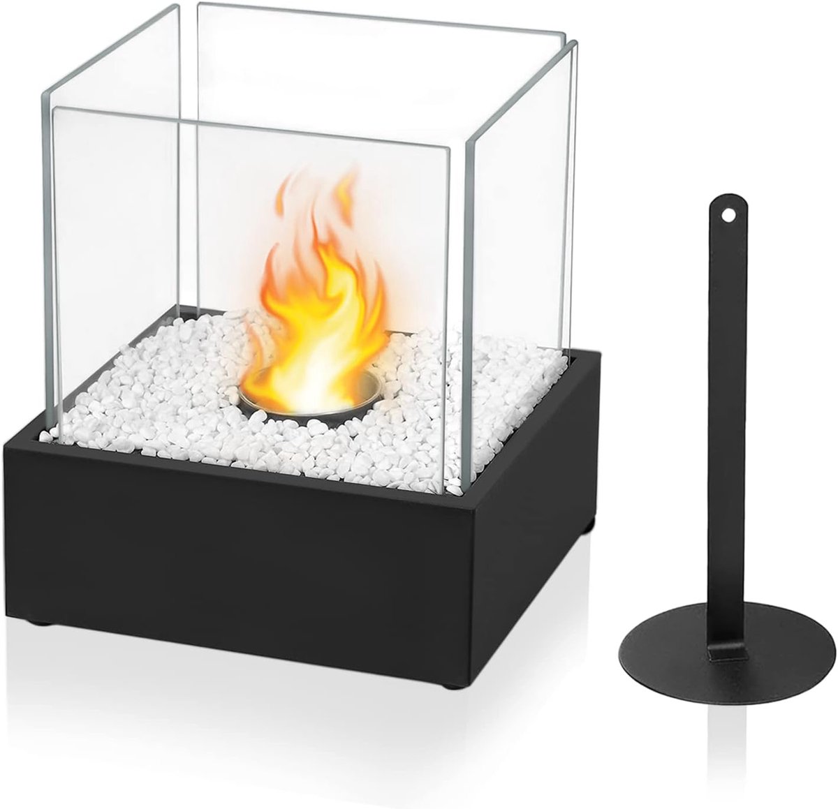 Zwarte Tafelhaard Met Glazen Panelen En Blusgereedschap - Schone Verbranding Op Bio-Ethanol Gehard Glas Bestand Tegen 210°C - Ideaal Voor Terras Patio En Thuis
