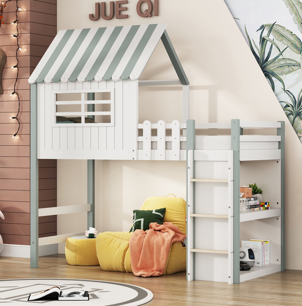 COVREO Hoogslaper 90x200 cm groen wit van hout en MDF met veiligheidsladder en opbergruimte