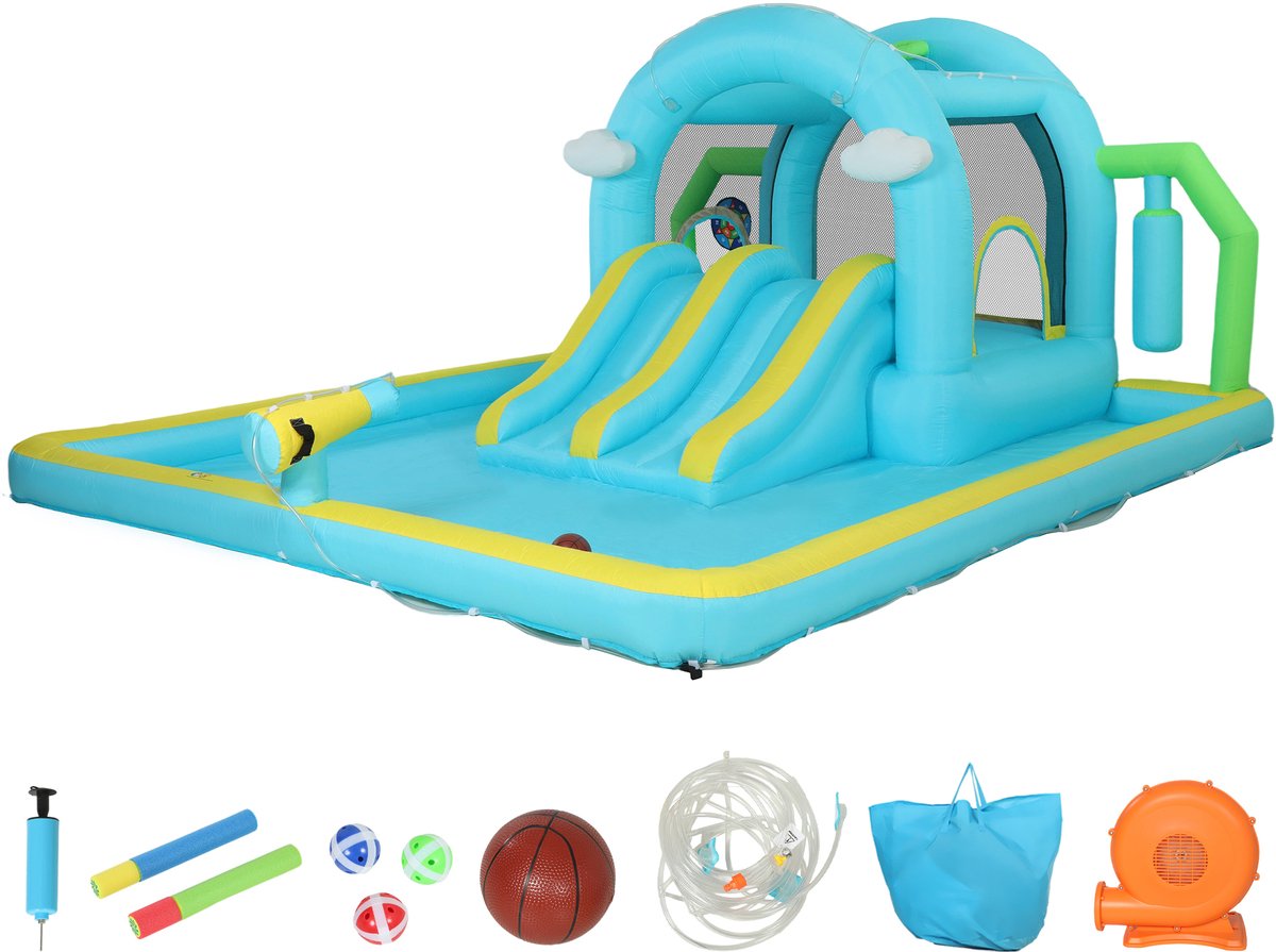 TEKROA® Opblaasbaar Springkasteel Waterpark 7-in-1 Springkasteel met Blower - 2 Glijbanen, Zwembad & Trampoline -voor kinderen, buitenwaterpark