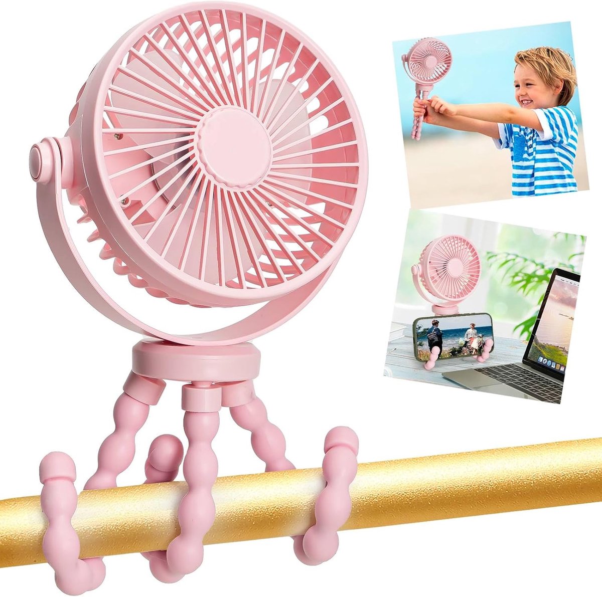 Mini Fan - Elektrisch Draagbare Ventilator - Mini-Kinderwagenventilator - Met Flexibel Statief - Oplaadbaar - 3 Snelheden - 360° Draaibaar - Voor Autostoel, Kinderbedje, Loopband, Reizen, Fietsaccessoire en Kamperen